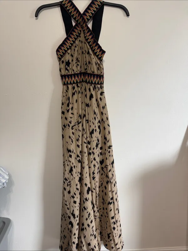 Women's Tan and Black Patterned Maxi Dress with Embroidered Trim - Image 2