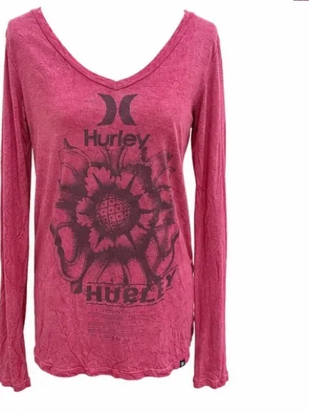 Hurley Women’s Pink Graphic Long Sleeve Tee Large Floral Logo Lightweight Shirt - Image 2