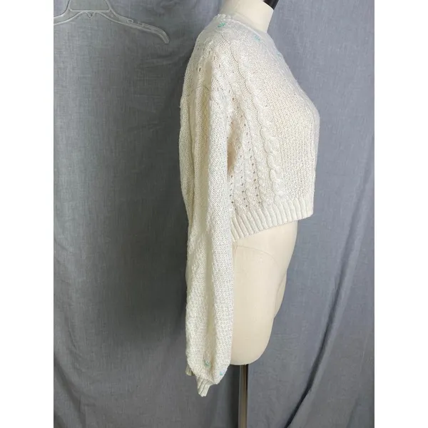 Wild Fable‎ Cream Cable Knit Cropped Sweater Embroidered Floral Cottagecore XS - Image 9