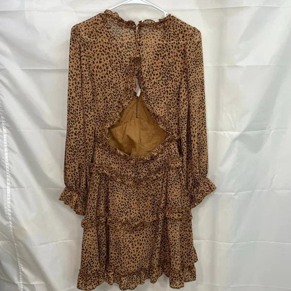Women's brown leopard print ruffle deep v-neck flowy long‎ sleeve casual dress S - Image 8