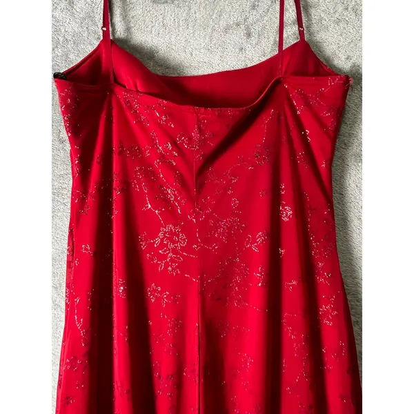Vintage Y2K Femme Fatale Red Glitter Floral Slip Maxi Dress Romantic Goth Glam M - Image 4