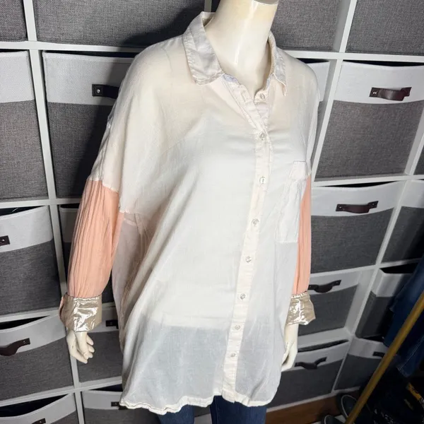 Free People Rainbow Rays Patchwork Pastel Button Up Shirt Blouse Size Medium - Image 9