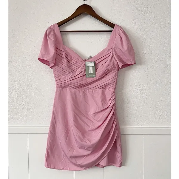 H&M Pink Ruched Puff Sleeve Mini Dress S Cottagecore Coquette Romantic - Image 3