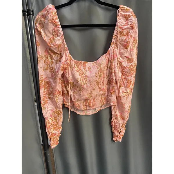 Free people Cropped Top Womens Large Pink Combo Hilary Printed Square Neck B96 - Image 6