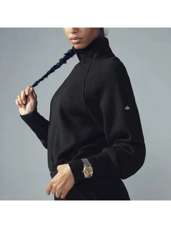 Alo Waffle Weekend Escape Mock Neck Long Sleeve Black Turtleneck Thermal Sweater - Image 5