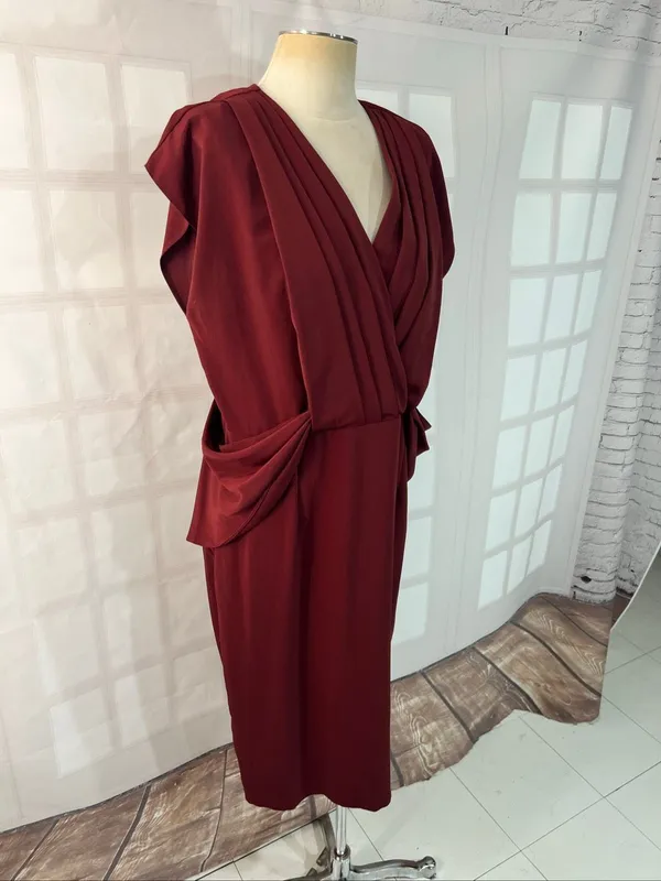 ASOS Oxblood Drape Front Pleated Short Cap Sleeve Midi Pencil Dress Size 14 - Image 2
