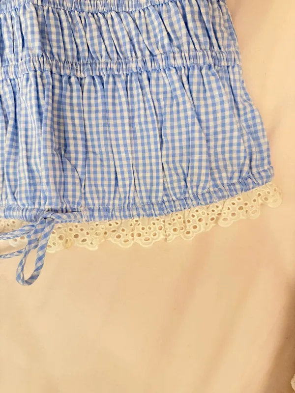 Windsor blue and white gingham strapless dress with lace - Image 3