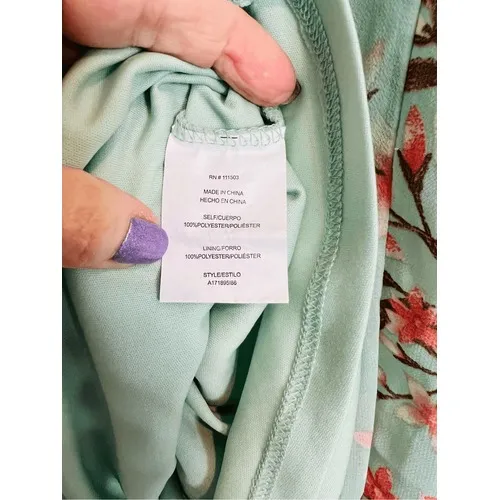As You Wish Green Floral Chiffon Smocked Asymmetrical Dress LARGE Cottage Flowy‎ - Image 13