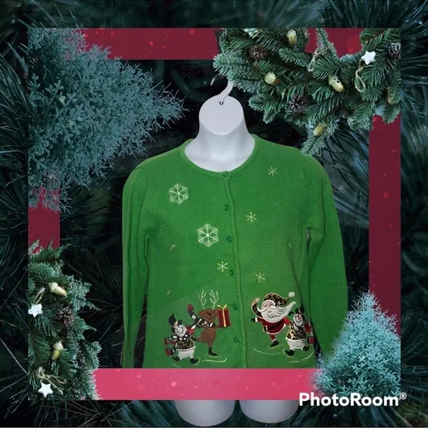 Classic Elements Vintage 90s Christmas Cardigan Green Embellished Holiday Sweater Grandma Core M - Image 15