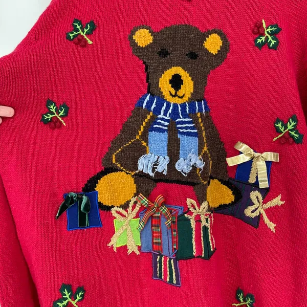 Cherokee Red Teddy Bear Christmas‎ Holiday Present Sweater Womens XL Uique - Image 3