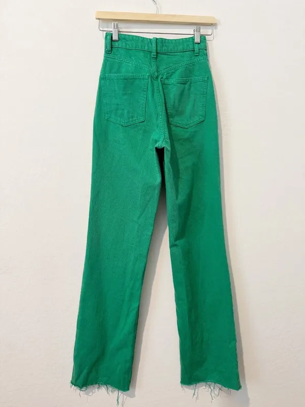Zara Jeans Size 0 Green High‎ Rise Wide Leg Raw Hem Baggy Colored Denim Earthy - Image 9