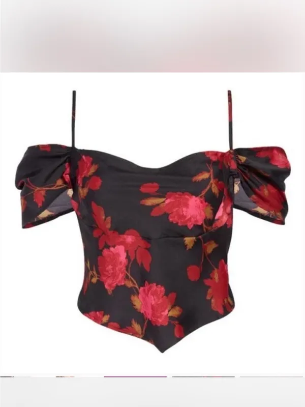 Free People Cassandra NEW Floral Cold Shoulder Flutter Crop Top Black Corset L - Image 2
