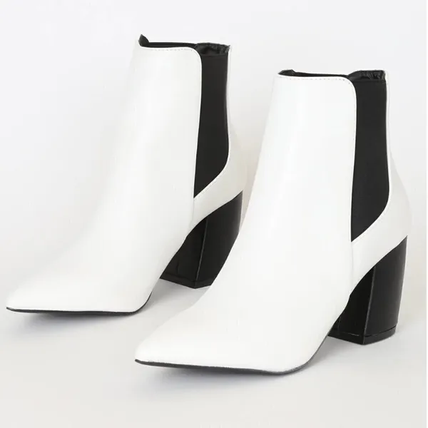 Lulu's Women's Size 9 Cecy White Pointed Toe Ankle Booties Pull On Black 3" Heel - Image 2