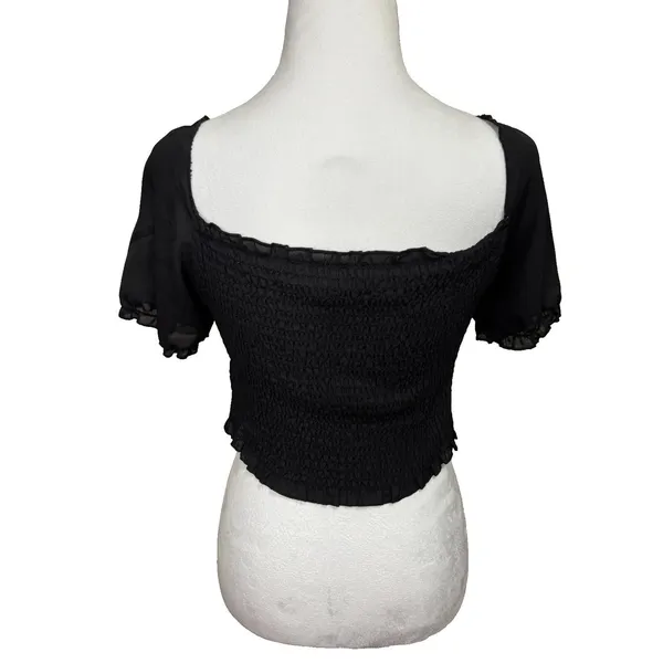 Smocked‎ Crop Top Black Square Neck Puff Sleeve Ruffle Trim Cottage Festival S - Image 3