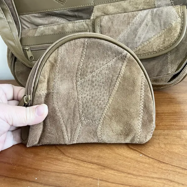 Patchwork Soft Leather & Suede Handbag Purse Shoulder Bag & Coin Purse Tan Brown - Image 4