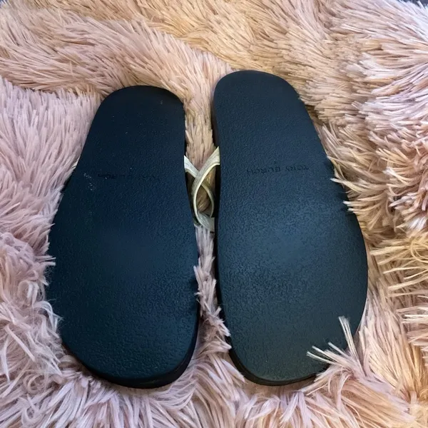 Tory Burch Black & Cream Leather Logo Thong Sandals Size 7M - Image 8