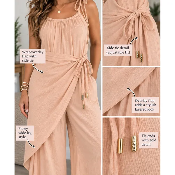 Free People Peach Blush Wide Leg Wrap Overlay Jumpsuit Medium Cotton Gauze Tie - Image 4