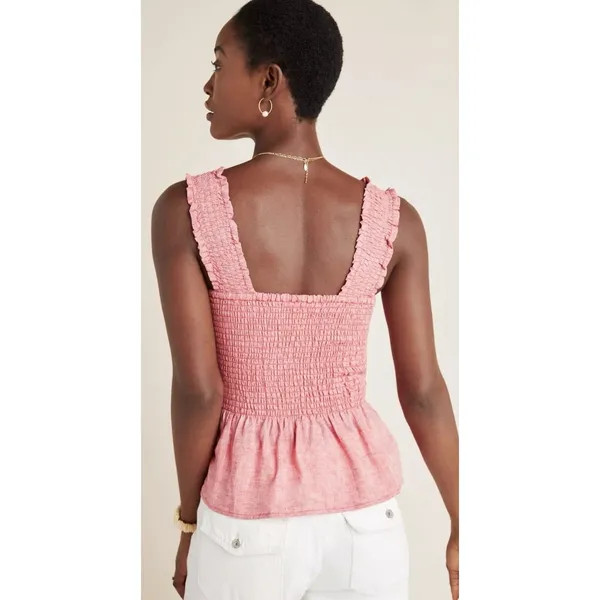 Anthropologie Maeve Schuyler Smocked Peplum Linen Bland Blouse XS Heather Red - Image 2