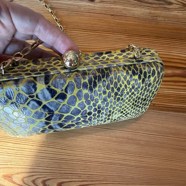 Tory Burch Handbag RARE Clutch Yellow Hard-side Leather Animal Print Chain Strap - Image 5