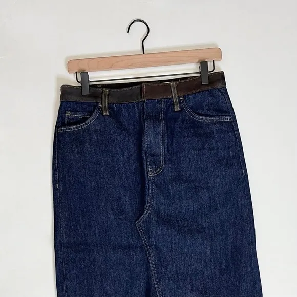 ZARA ZW Collection Denim Midi Skirt Contrast Suede Waistline Blue Pockets Small - Image 3