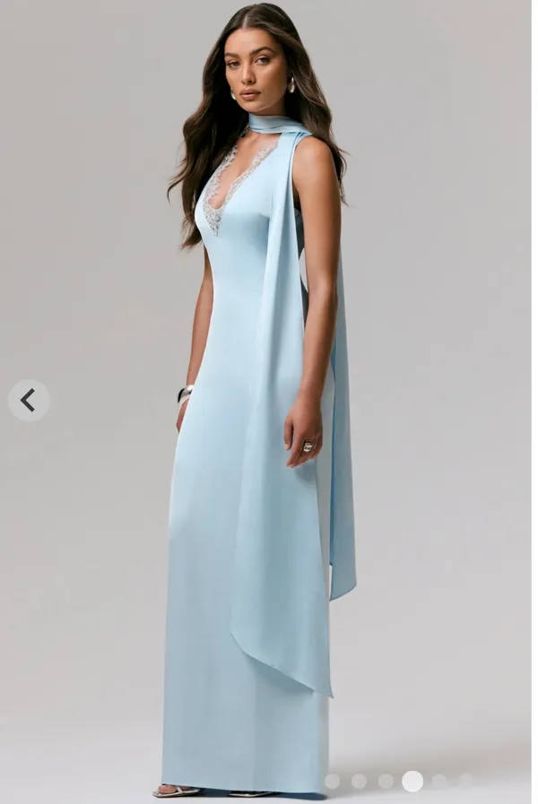 Club L Powder blue satin v-neck maxi slip dress with sash - Image 3