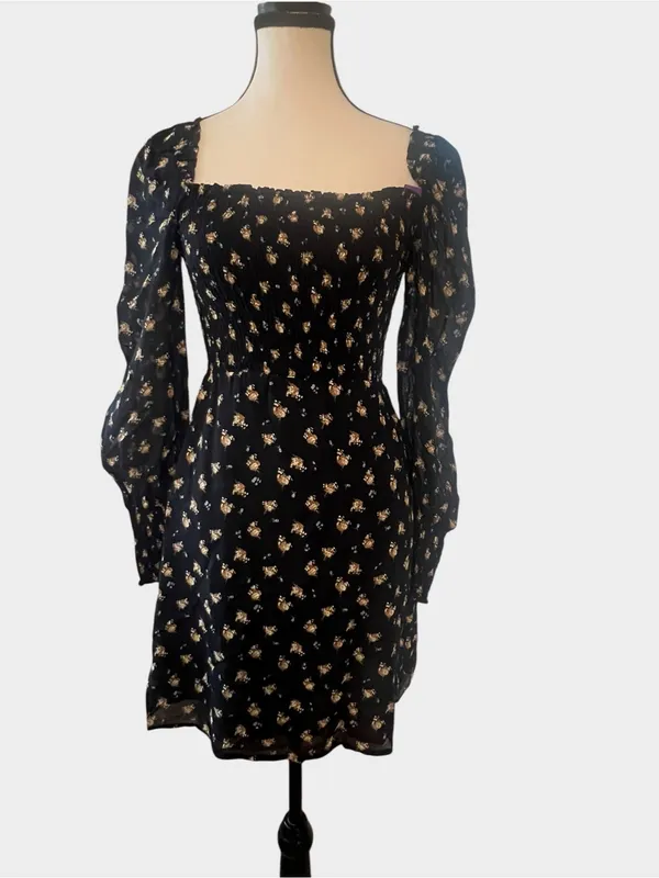 Maje Rithik Black Camel Floral Smocked Mini Dress Size 36 US 4 Small - Image 3
