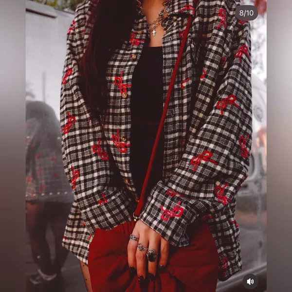 BDG Dani Black & White Plaid Button-Up Shacket‎ bows size medium - Image 2