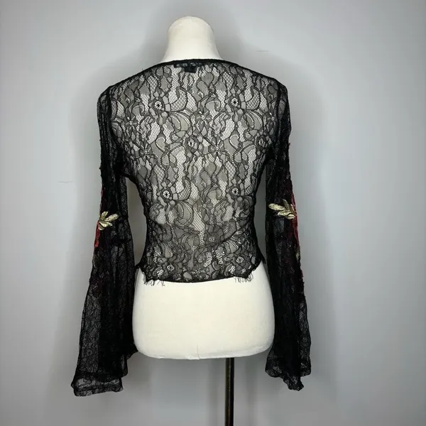 Forever 21- Black V-Neck Mesh Long Sleeve Top w/Floral Details - Image 4