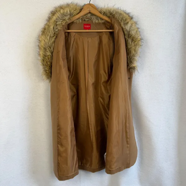 GUESS Los Angeles Womens Medium Camel Tan‎ Faux Fur Collar Longline Vest Chic - Image 11