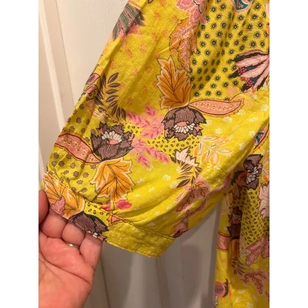 LOFT‎ Womens Yellow Floral Linen Blend Square Neck Puff Sleeve Blouse L Tropical - Image 2