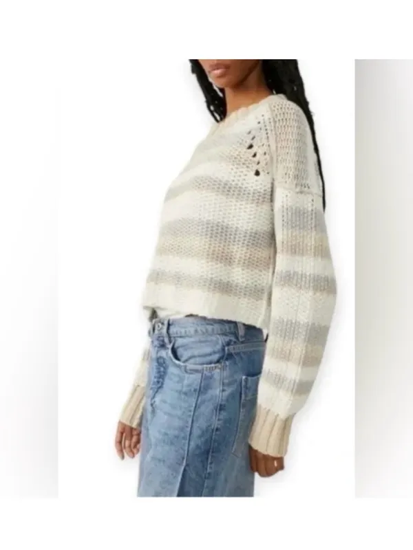 Free People Women's Devon Long Sleeve Striped Cropped Sweater Size XL - Image 3