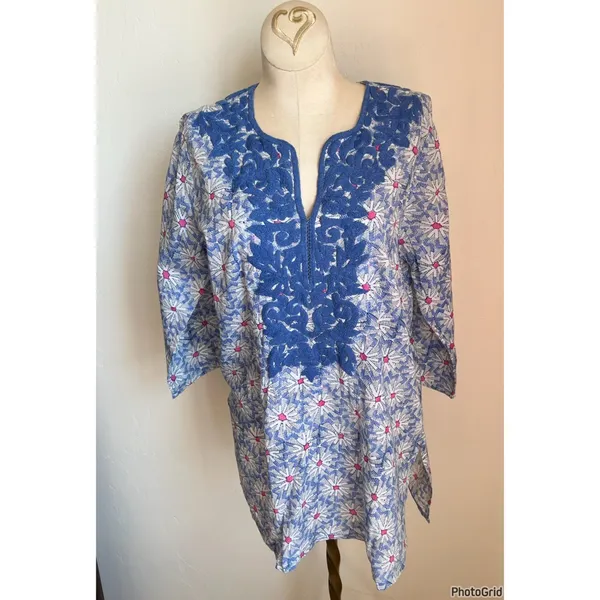 Roller Rabbit Inez Blue Floral Embroidered Tunic Small - Image 2
