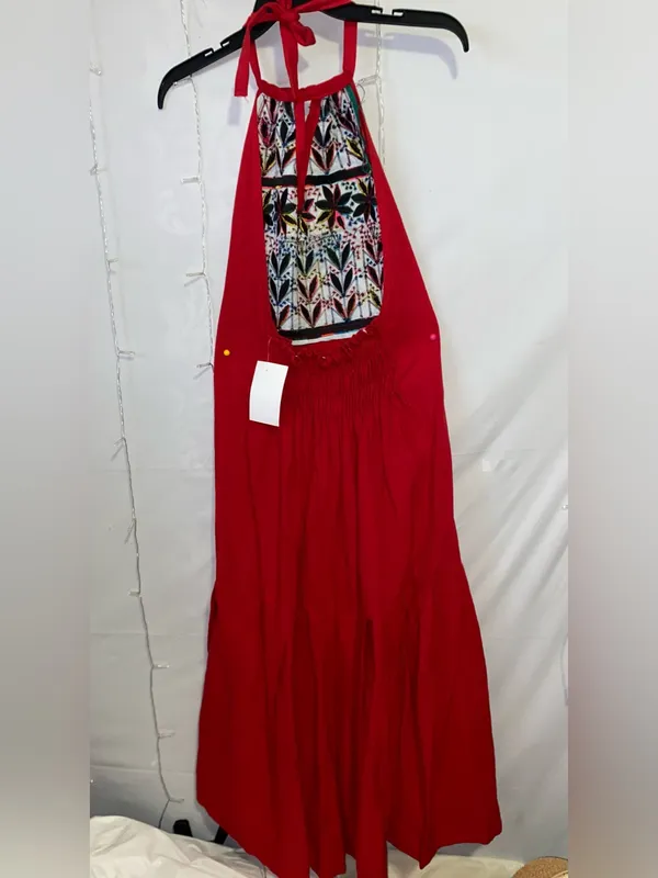 Red Embroidered Boho Maxi Dress with Multicolor Floral Yoke - Image 3