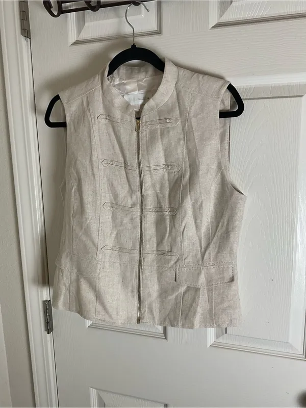 Zara Linen-Blend Zip-Up Military Vest with Fabric Frogging - Cream/Beige large - Image 2