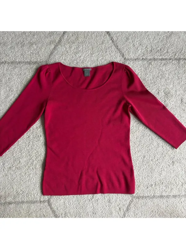 Ann Taylor Top Small Raspberry Pink 3/4 Sleeve Scoop Neck Knit Puff Shoulder - Image 2