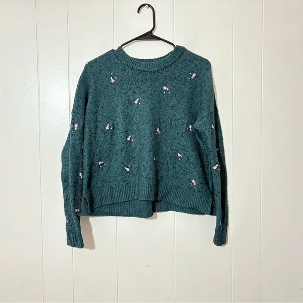 Madewell Floral Embroidered Merino Wool Blend Sweater Green Crewneck Size Small - Image 3