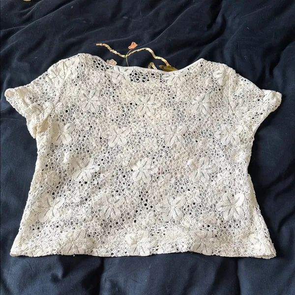 Anthropologie Crochet Floral Short Sleeve Top - Cream - Image 2