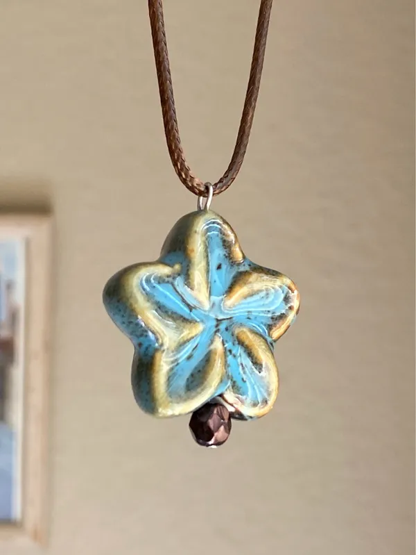 Handmade chunky big ceramic flower boho fairy cottage necklace🩵 - Image 2