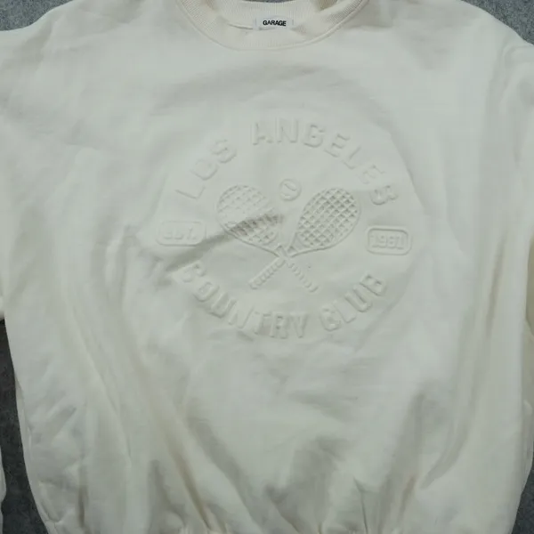 Garage Crewneck Country Club Embossed Tennis‎ Sweatshirt Cream S/M Pockets - Image 2