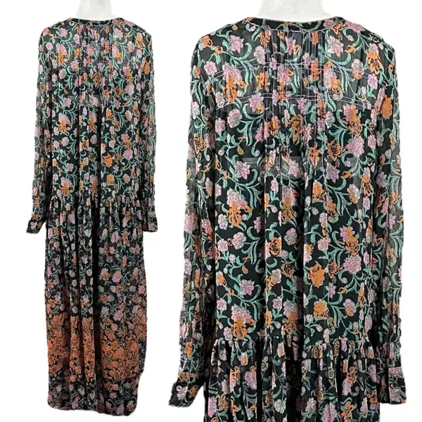 Free People See It Through Maxi Dress in Black Combo Large Floral Prairie Boho - Image 5