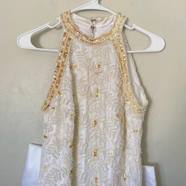 Vintage 90s Pearl Beaded Wedding Gown Size 12 Back Bow Old Money Bridal Dress - Image 4