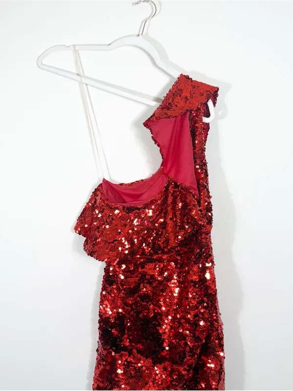 Leith Red Sequin One Shoulder Ruffle Mini Dress Size XXS - Image 2