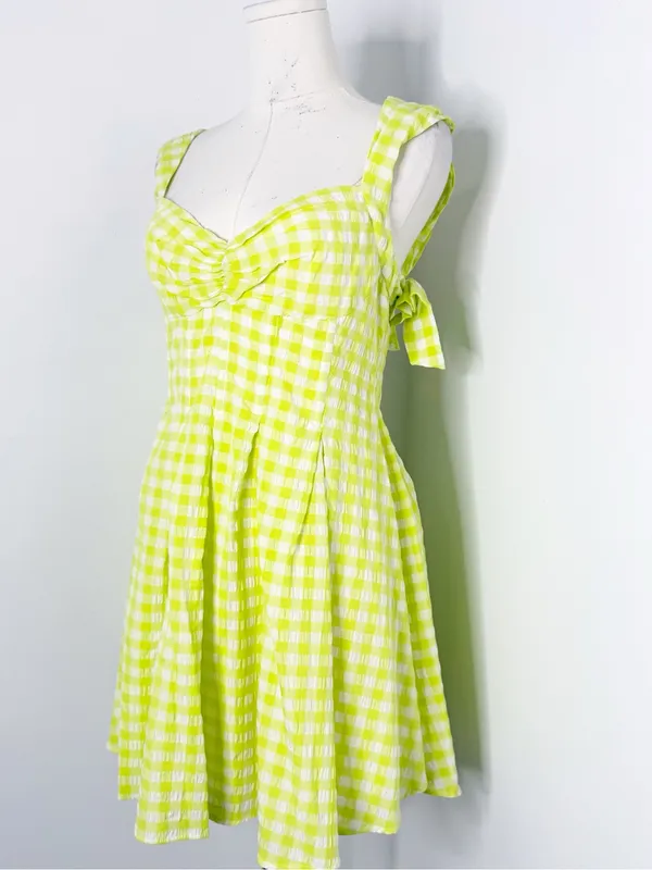 For Love & Lemons August Mini Dress Medium Lime Green White Gingham - Image 5