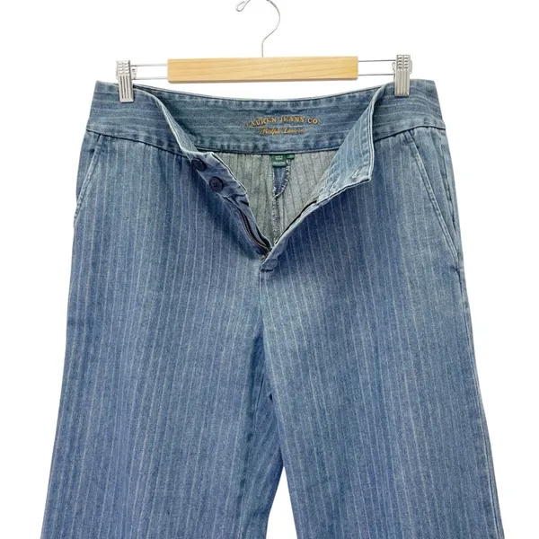 Ralph Lauren Jeans Co Pinstripe Denim Wide Leg Trouser Blue Cotton Size 10 VTG - Image 6