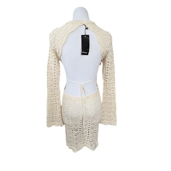 Nasty Gal Ecru Crochet Knitted Open Back Mini Dress Long‎ Sleeve Boho Size 4 NEW - Image 4
