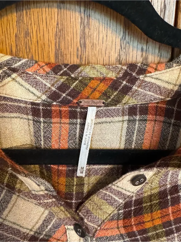 Free People Plaid Button-Front Peasant Top in Cream and‎ Rust - Image 4