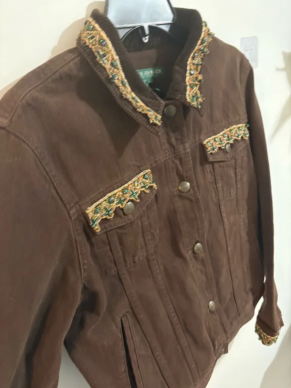 Vintage 90s Lauren Jeans Co Ralph Lauren Beaded Denim Jacket - Brown Embellished Trucker - Size L - Image 2