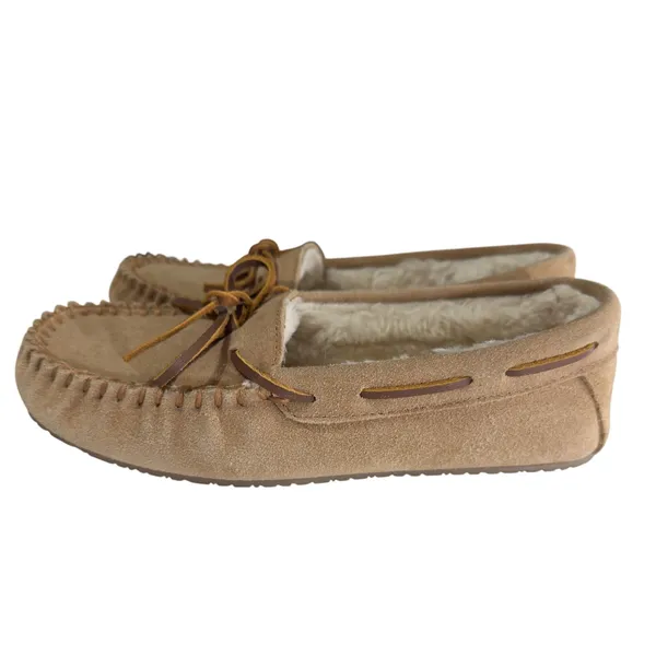 3205 | Minnetonka Cally Suede Faux Fur Lined Moccasin Slippers Tan Women 7 NEW - Image 6