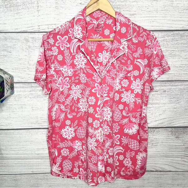Cuddl Duds Pink Tropical Floral Pajama Top Size Medium Cotton Modal Button Front - Image 9