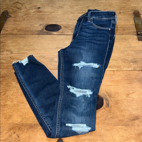 Hollister Dark Blue High Rise Super SkinnyJeans Distressed Size 00R 23W - Image 2